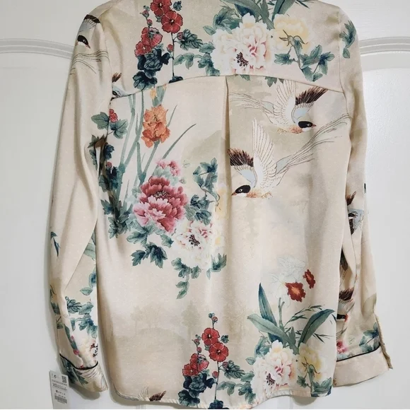 Zara Satin Oriental Japanesse Garden Floral PrintvShirt - Picture 5 of 8